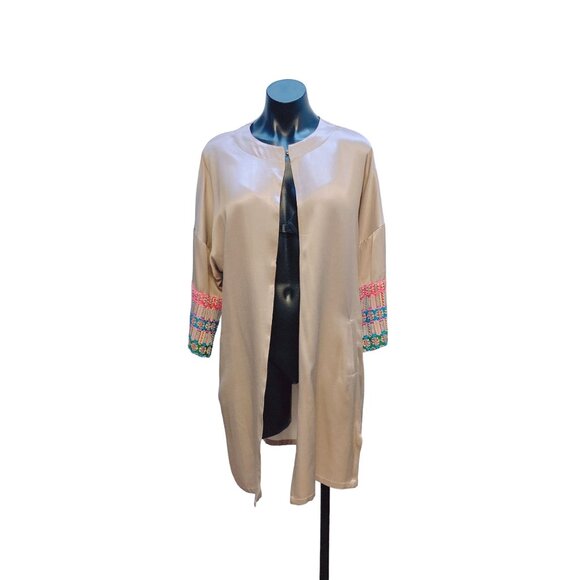 NWOT Vilagallo Beige Embroidered Sleeve Open Front Jacket 40 (6) - Picture 1 of 7